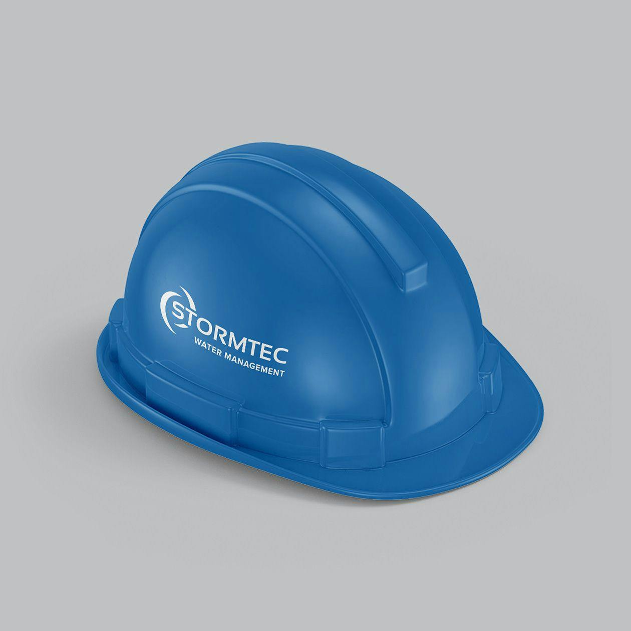 A hardhat with the Stormtec logo
