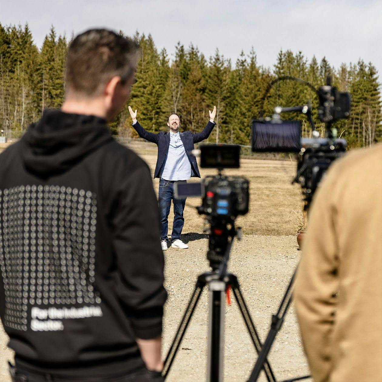 Camera crew films actor. 