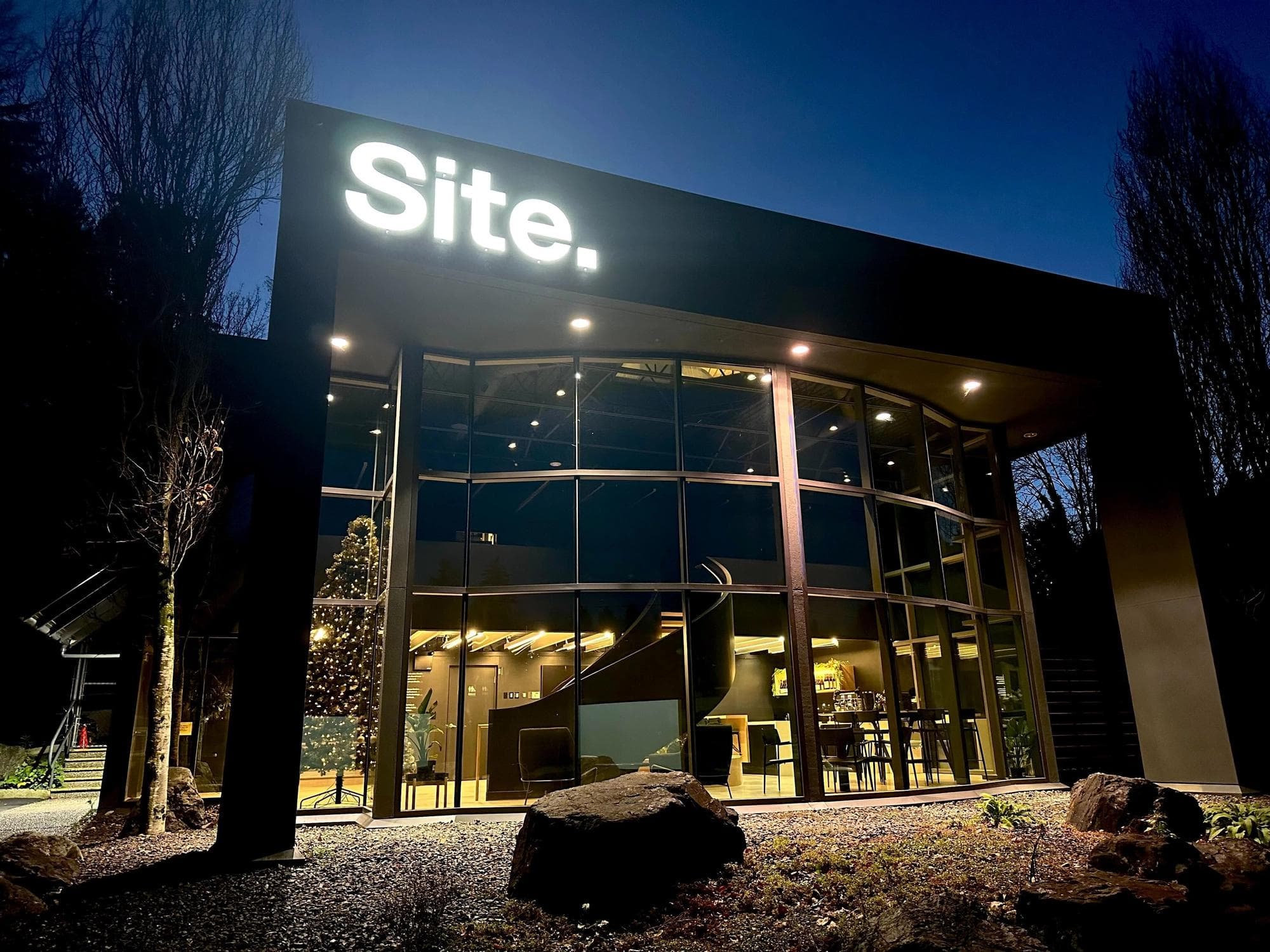 Site HQ at night.